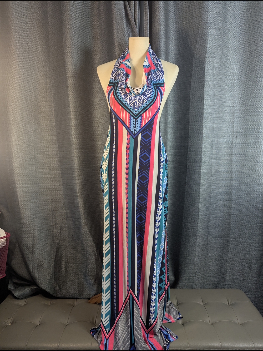 Sovereign Code Teal, Navy & Pink Geometric Halter Maxi Dress